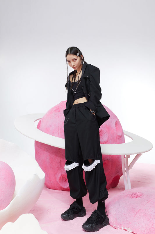 Solid Pure Contrast Lace Straight Casual Women Pants,Spring Vintage High Waist Ripped Hole, Ladies Daily Trouser